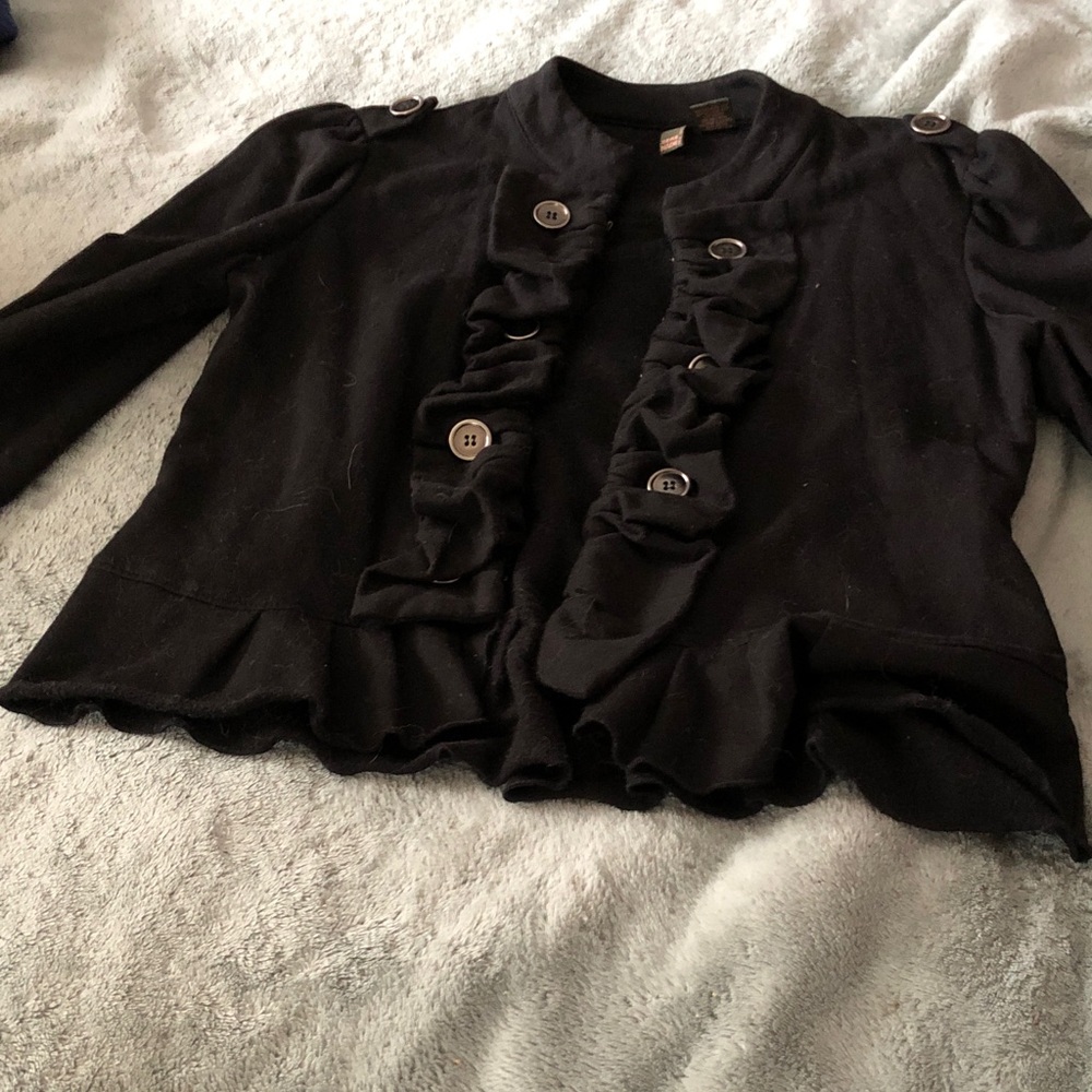 Black Ruffled Button-Up Jacket